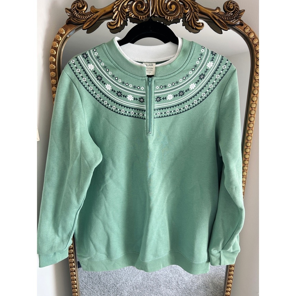 Blair Womens Sage Green Fair Isle Quarter Zip Sweatshirt Mock Neck Fleece Medium